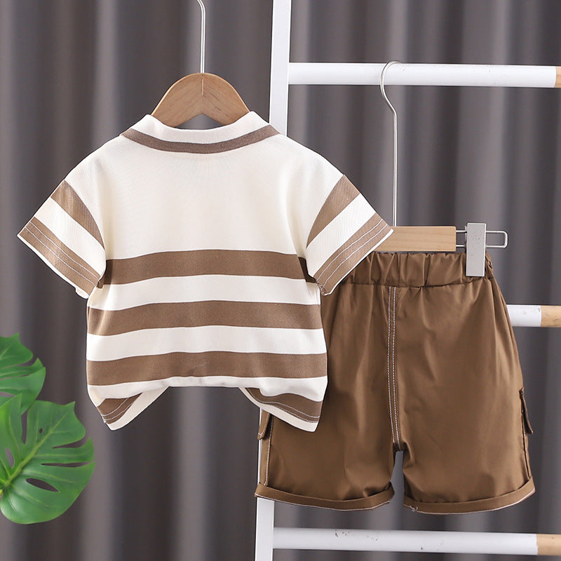 Boys Brown Collared Striped Set – Soft Cotton Outfit