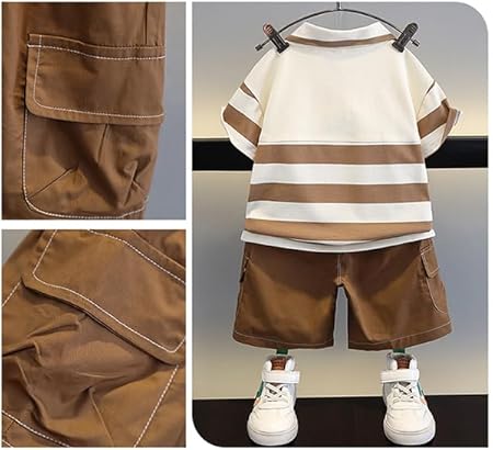 Boys Brown Collared Striped Set – Soft Cotton Outfit