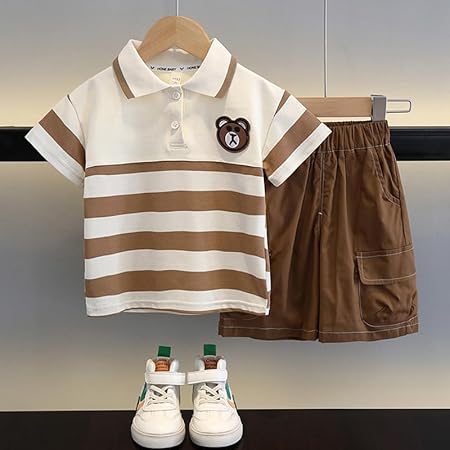 Boys Brown Collared Striped Set – Soft Cotton Outfit