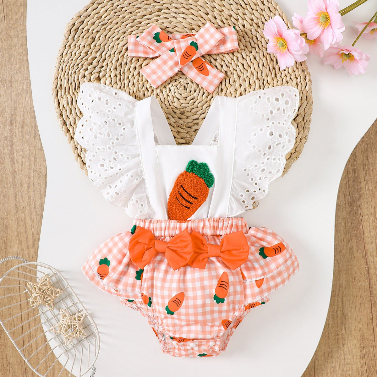 Kyra Carrot Baby Girls Fancy Romper with Matching Headbow – Soft Cotton Outfit