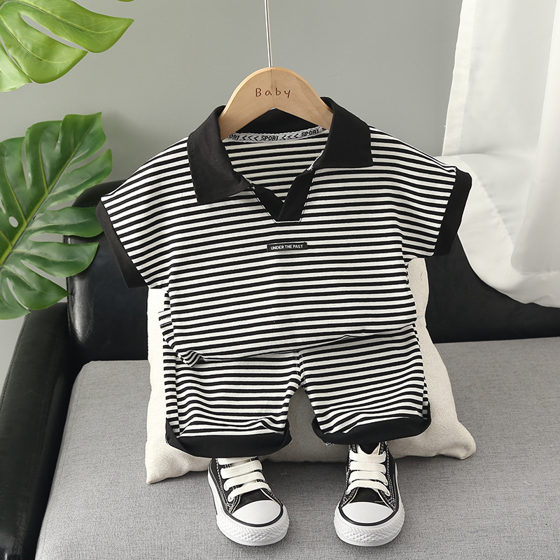 Collared Boys and Girls Striped T-Shirt and Shorts Set – Soft Cotton Two-Piece Outfit