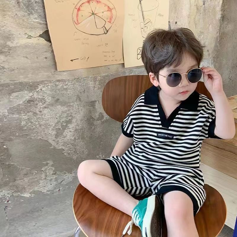 Collared Boys and Girls Striped T-Shirt and Shorts Set – Soft Cotton Two-Piece Outfit