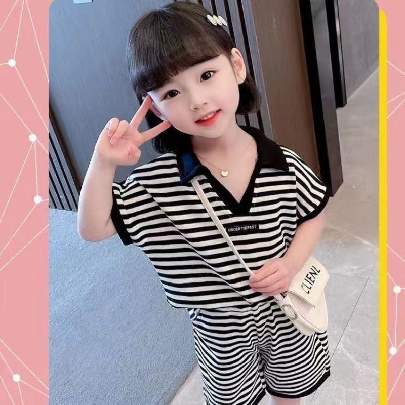 Collared Boys and Girls Striped T-Shirt and Shorts Set – Soft Cotton Two-Piece Outfit