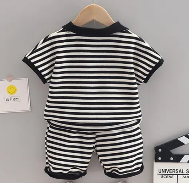 Collared Boys and Girls Striped T-Shirt and Shorts Set – Soft Cotton Two-Piece Outfit