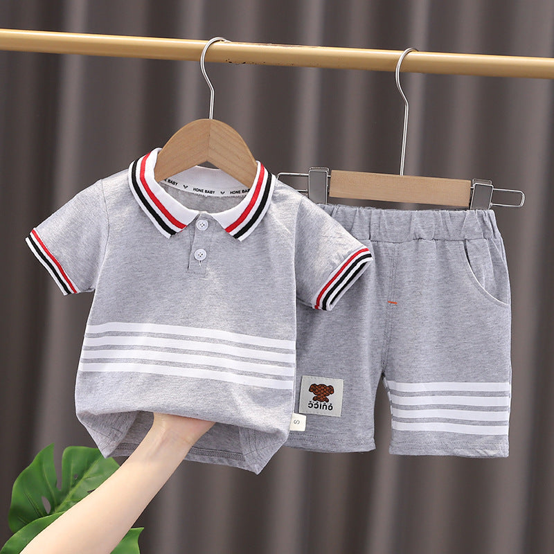 Collared Gray Striped Boys T-Shirt and Shorts Set – Soft Cotton Outfit