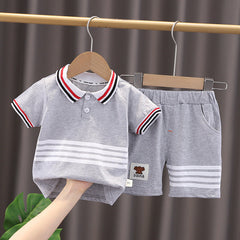 Collared Gray Striped Boys T-Shirt and Shorts Set – Soft Cotton Outfit