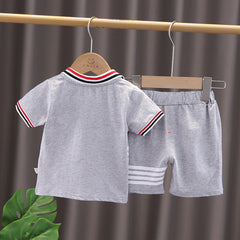 Collared Gray Striped Boys T-Shirt and Shorts Set – Soft Cotton Outfit