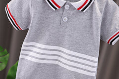 Collared Gray Striped Boys T-Shirt and Shorts Set – Soft Cotton Outfit