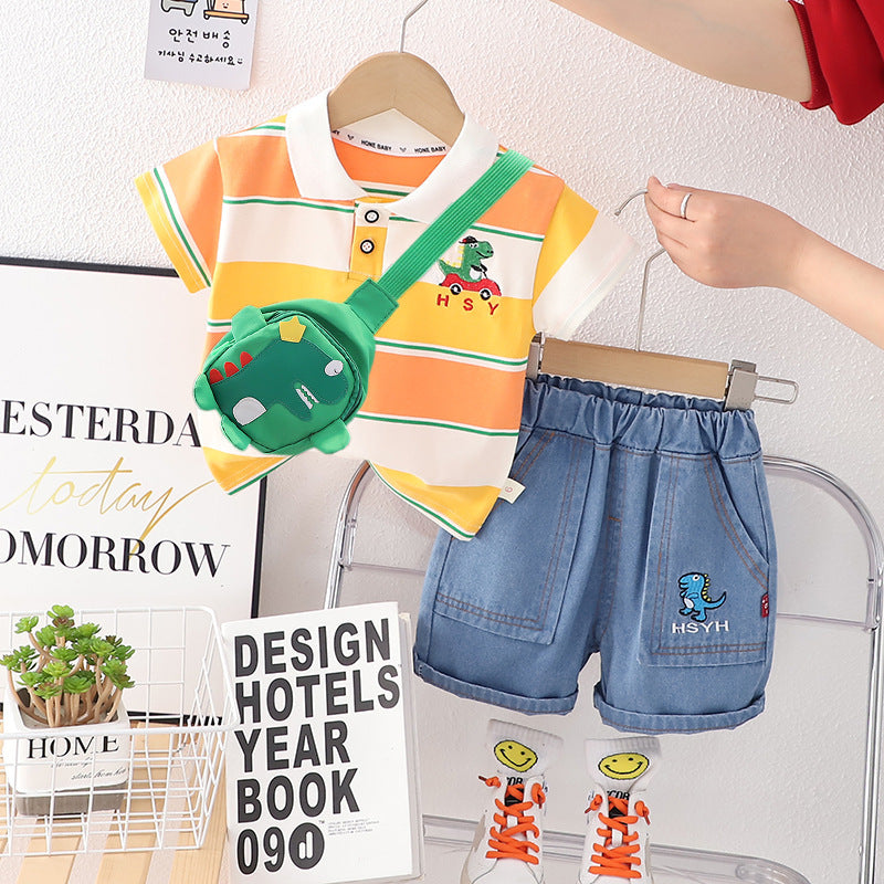 Collared Boys T-Shirt and Shorts Set with Green Bag – Soft Cotton Outfit