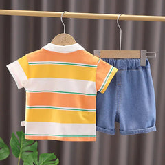 Collared Boys T-Shirt and Shorts Set with Green Bag – Soft Cotton Outfit