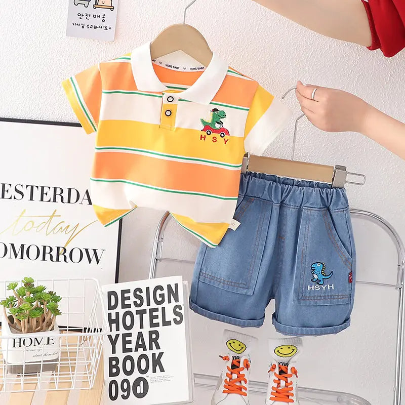 Collared Boys T-Shirt and Shorts Set with Green Bag – Soft Cotton Outfit
