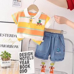 Collared Boys T-Shirt and Shorts Set with Green Bag – Soft Cotton Outfit
