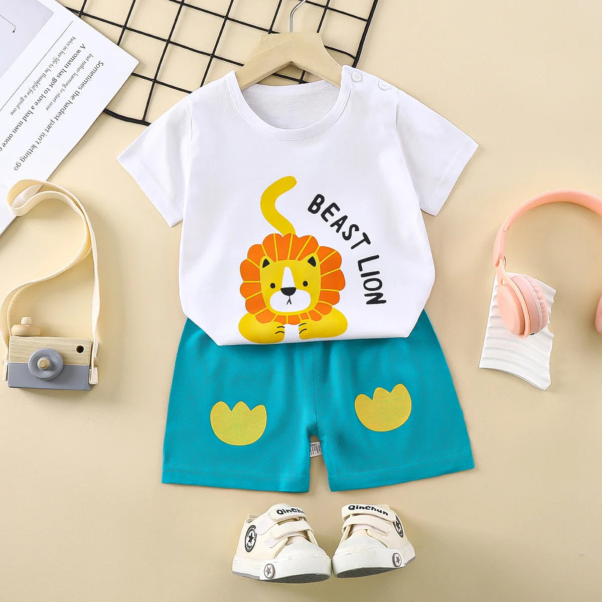 Comfy Boys T-Shirt and Shorts Set – Lion Roar Print, 100% Cotton