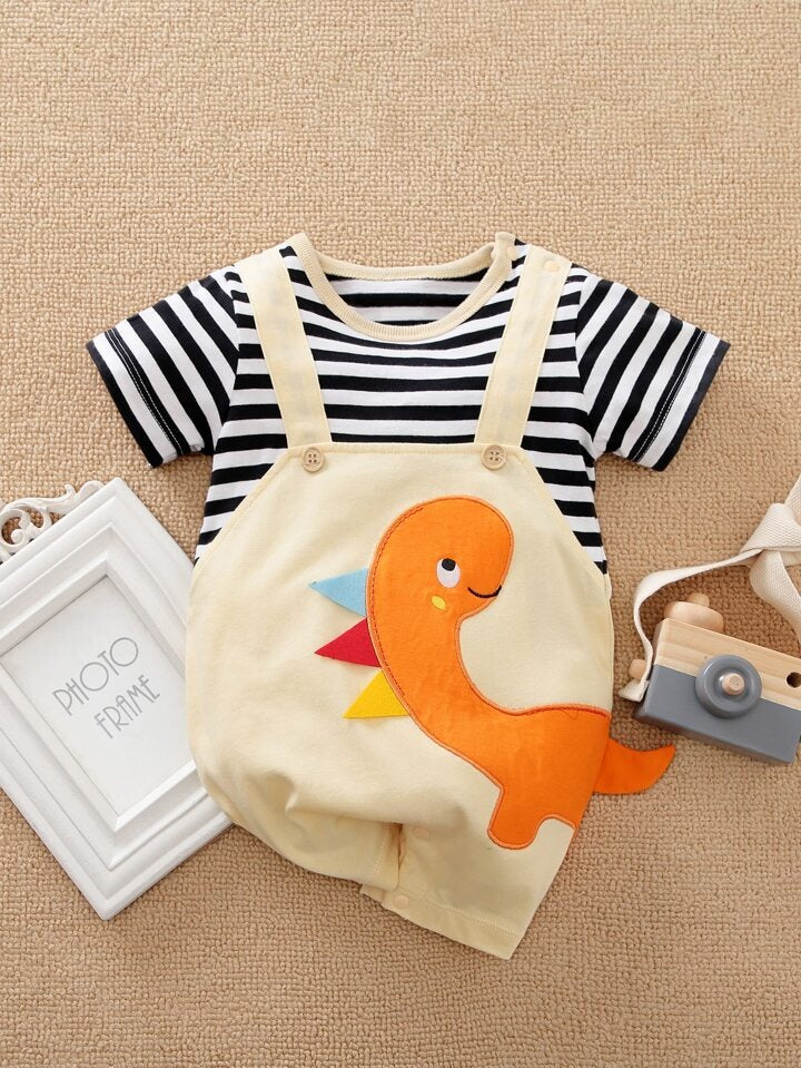 Contrast Dino Baby Romper for Boys and Girls – Soft Cotton