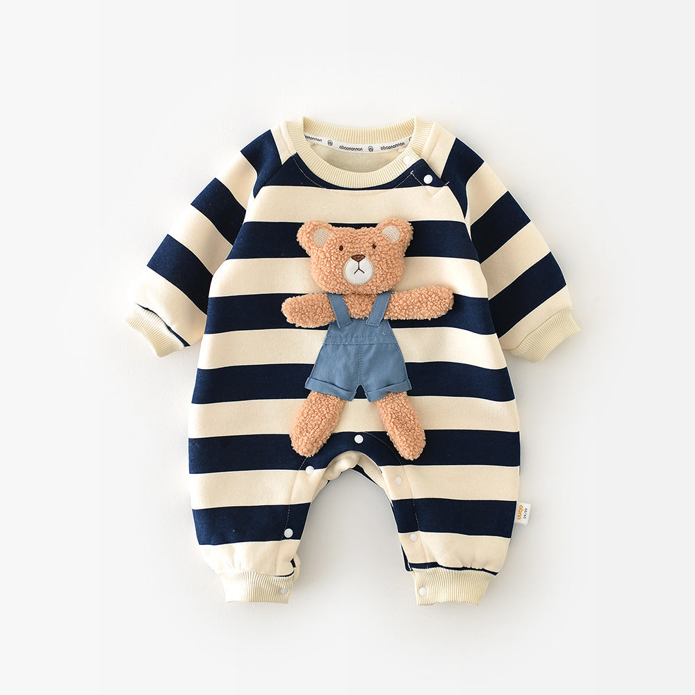 Cozy Striped Teddy Bear Baby Romper for Boys and Girls – Cotton Blend