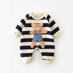 Cozy Striped Teddy Bear Baby Romper for Boys and Girls – Cotton Blend