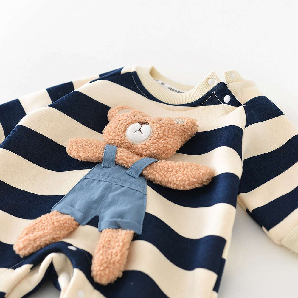 Cozy Striped Teddy Bear Baby Romper for Boys and Girls – Cotton Blend
