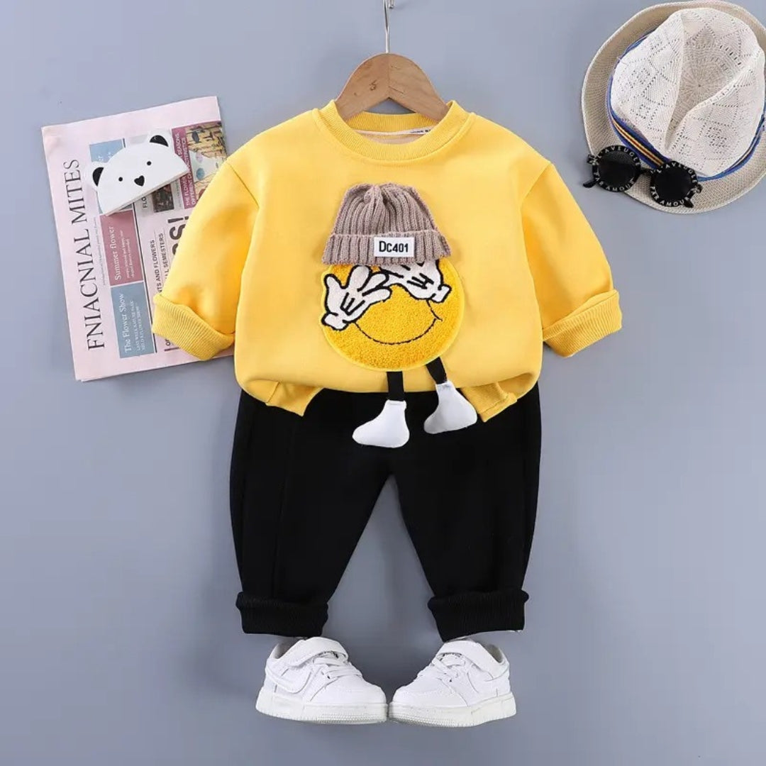 Cute 3D Emoji Boys Sweatshirt and Bottom Set – Cozy Cotton Blend Outfit