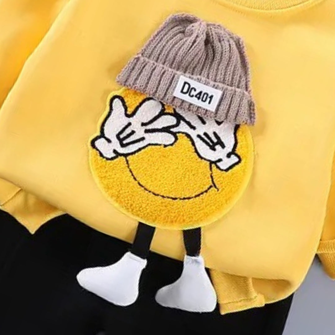Cute 3D Emoji Boys Sweatshirt and Bottom Set – Cozy Cotton Blend Outfit