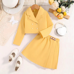 Cute Yellow Two-Piece Girls Party Outfit – Stylish Top and Skirt Set