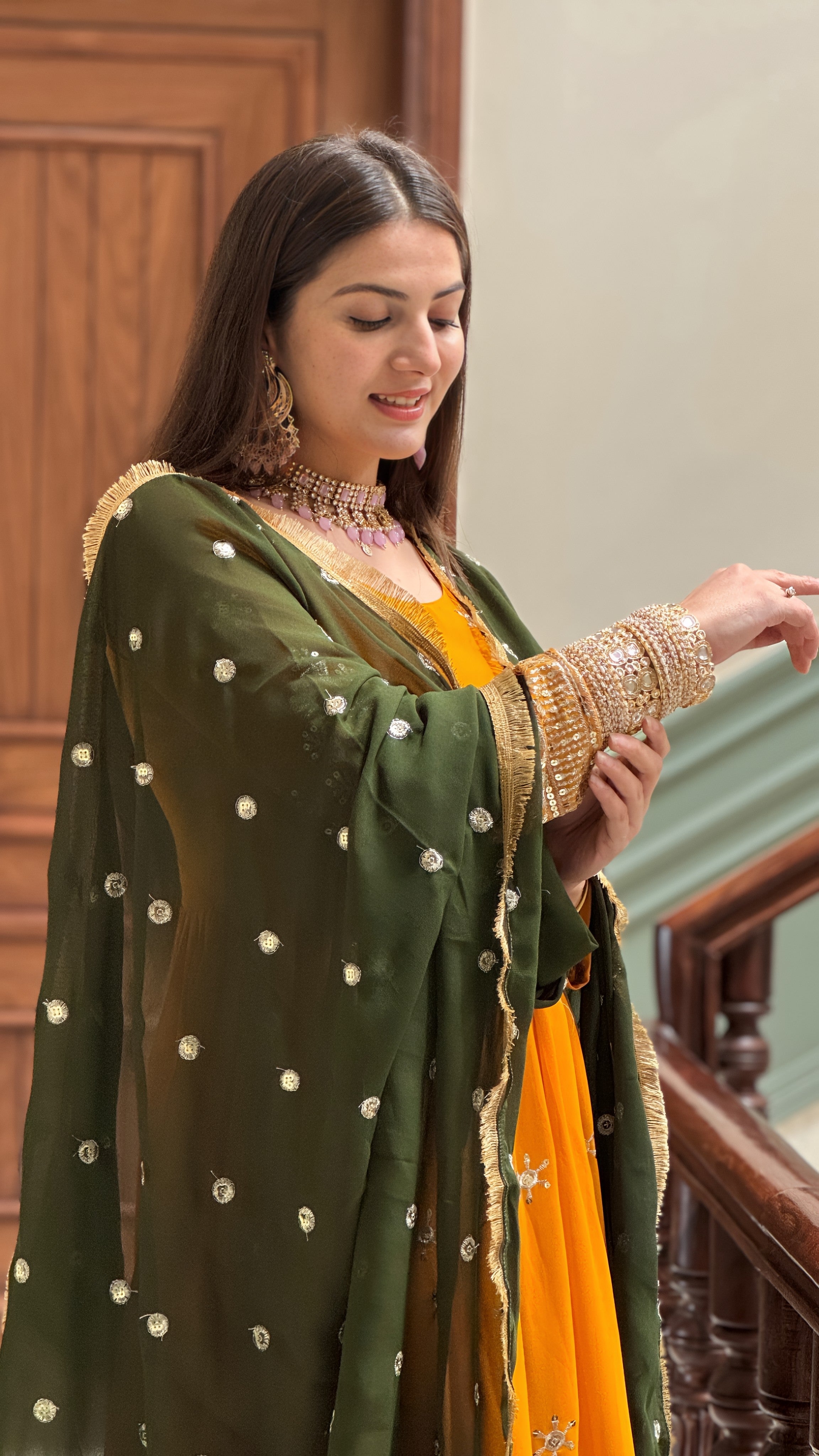 Royal Faux Georgette Anarkali Gown with Embroidered Dupatta – Full Sleeve Design