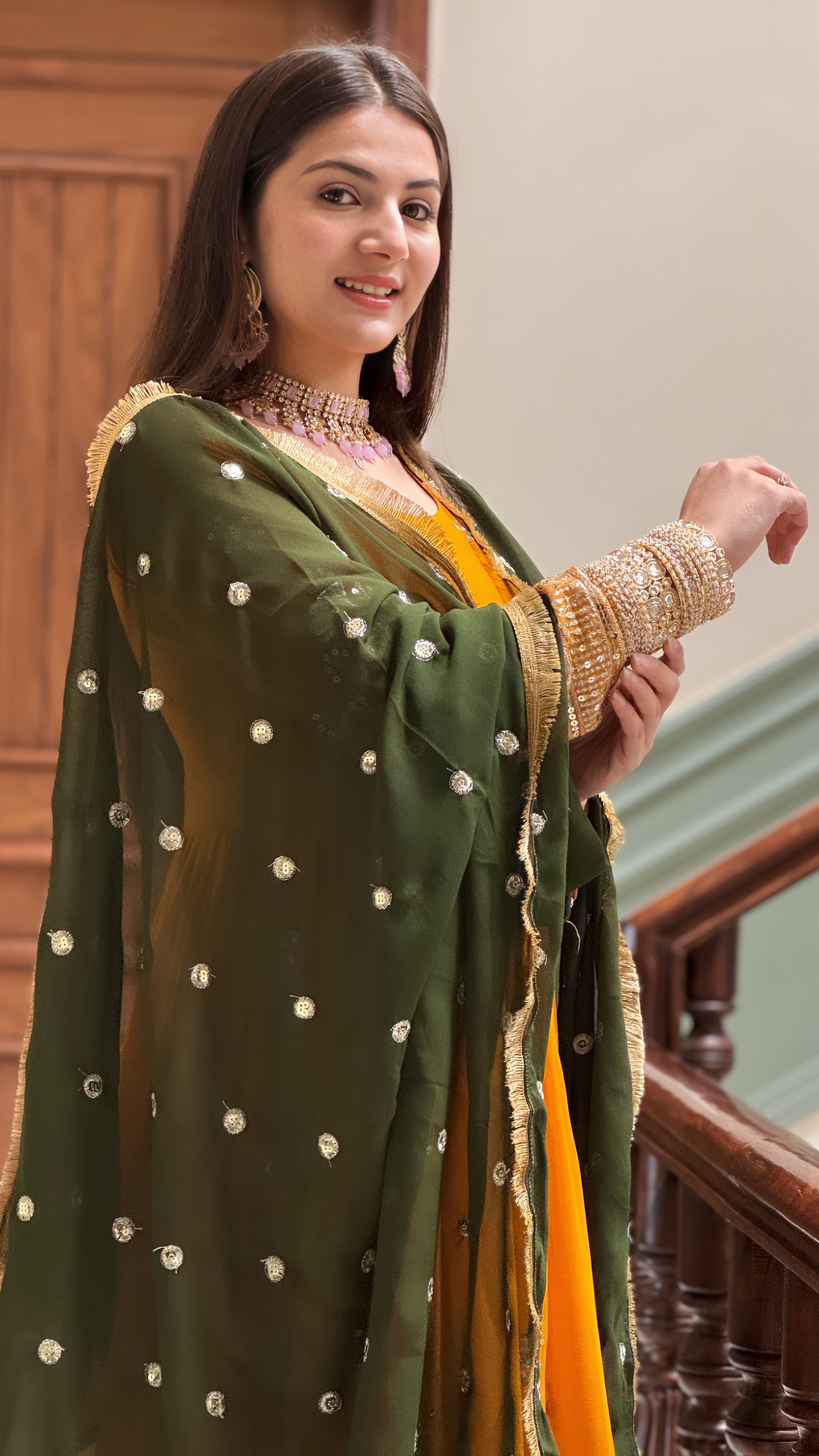 Royal Faux Georgette Anarkali Gown with Embroidered Dupatta – Full Sleeve Design