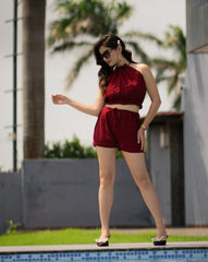 Halter Chic Dress – Maroon Tropical Twill Co-ord