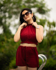 Halter Chic Dress – Maroon Tropical Twill Co-ord