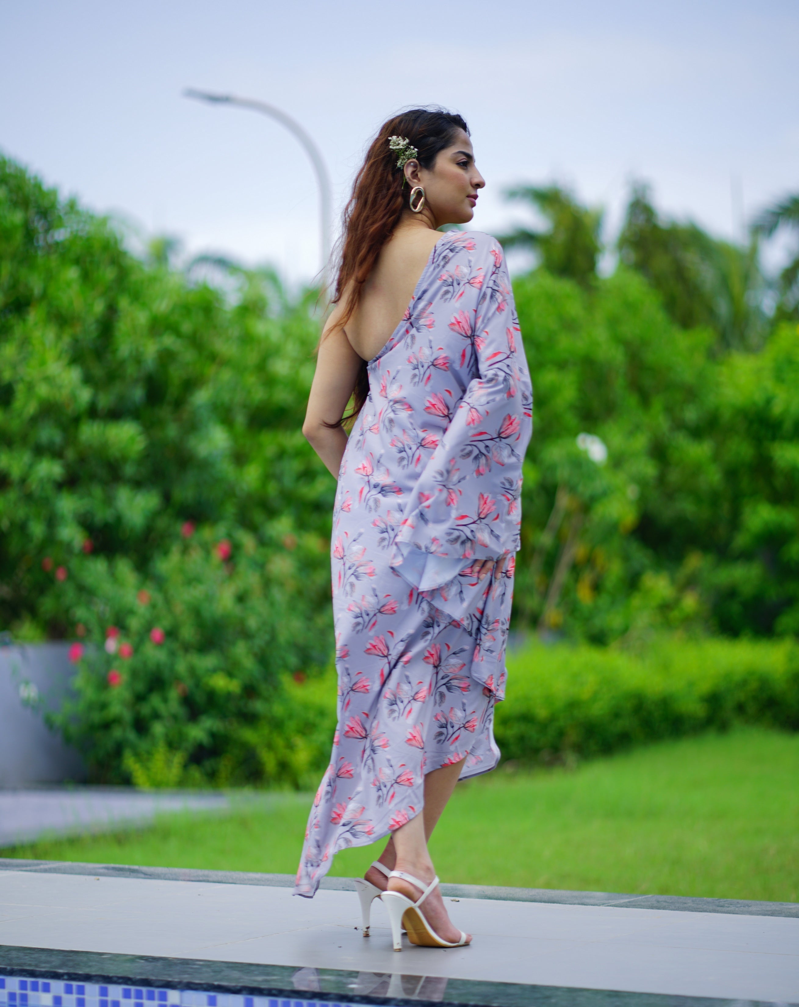 Off Shoulder Charm Dress – Steel Grey Glamour