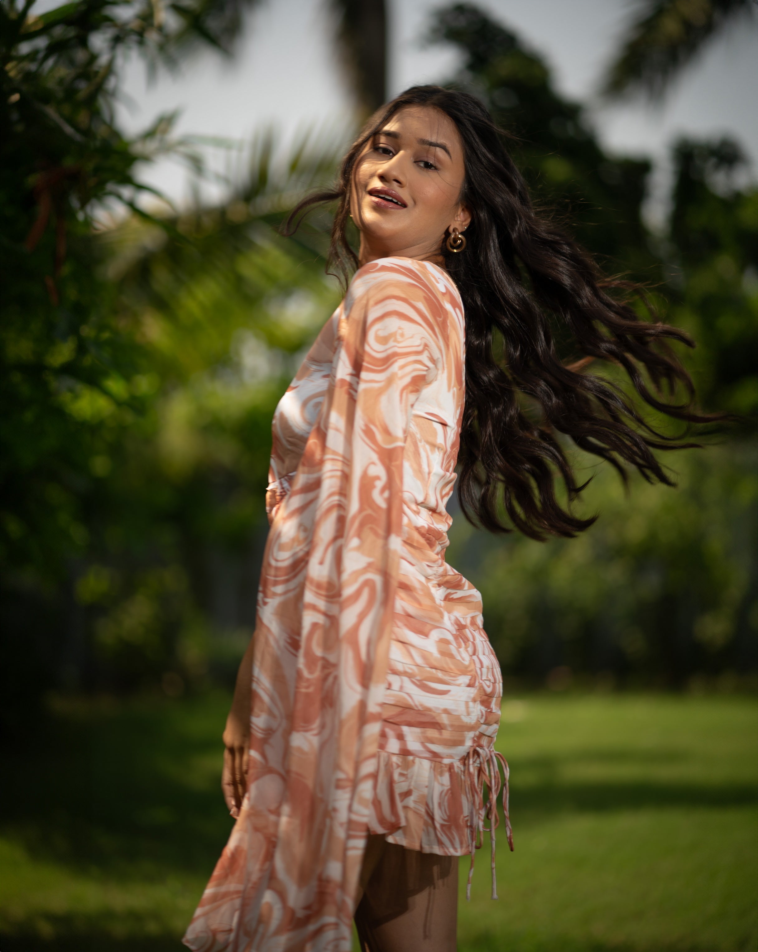 Mocha Cream Delight Dress – Elegant Swirl Print in Brown