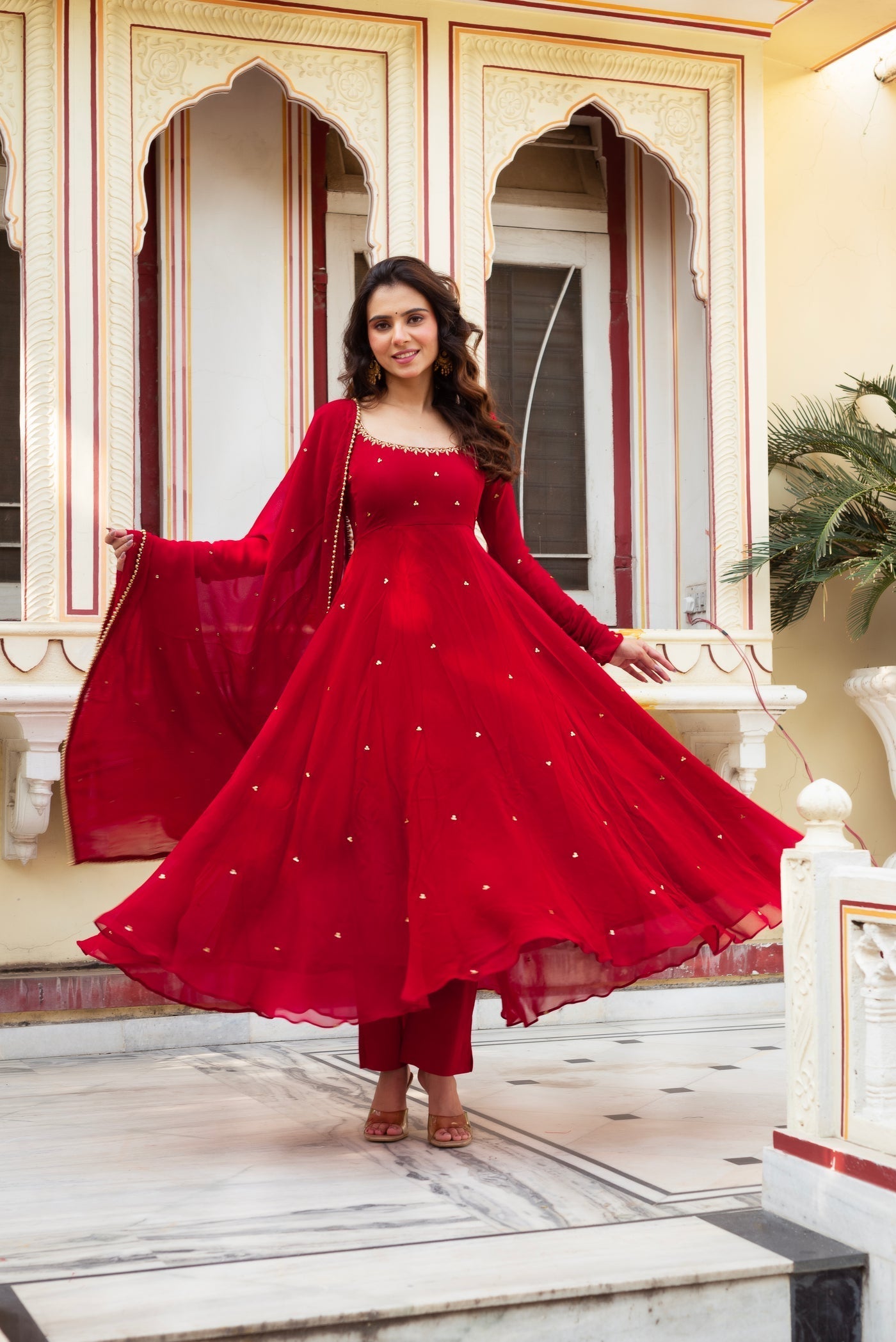 Red Handwork Anarkali Gown with Lace-Embellished Dupatta & Cotton Silk Pants – Festive & Wedding Ready