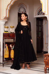 Elegant Heavy Faux Georgette Three-Piece Anarkali Suit with Embroidery & Lace Dupatta