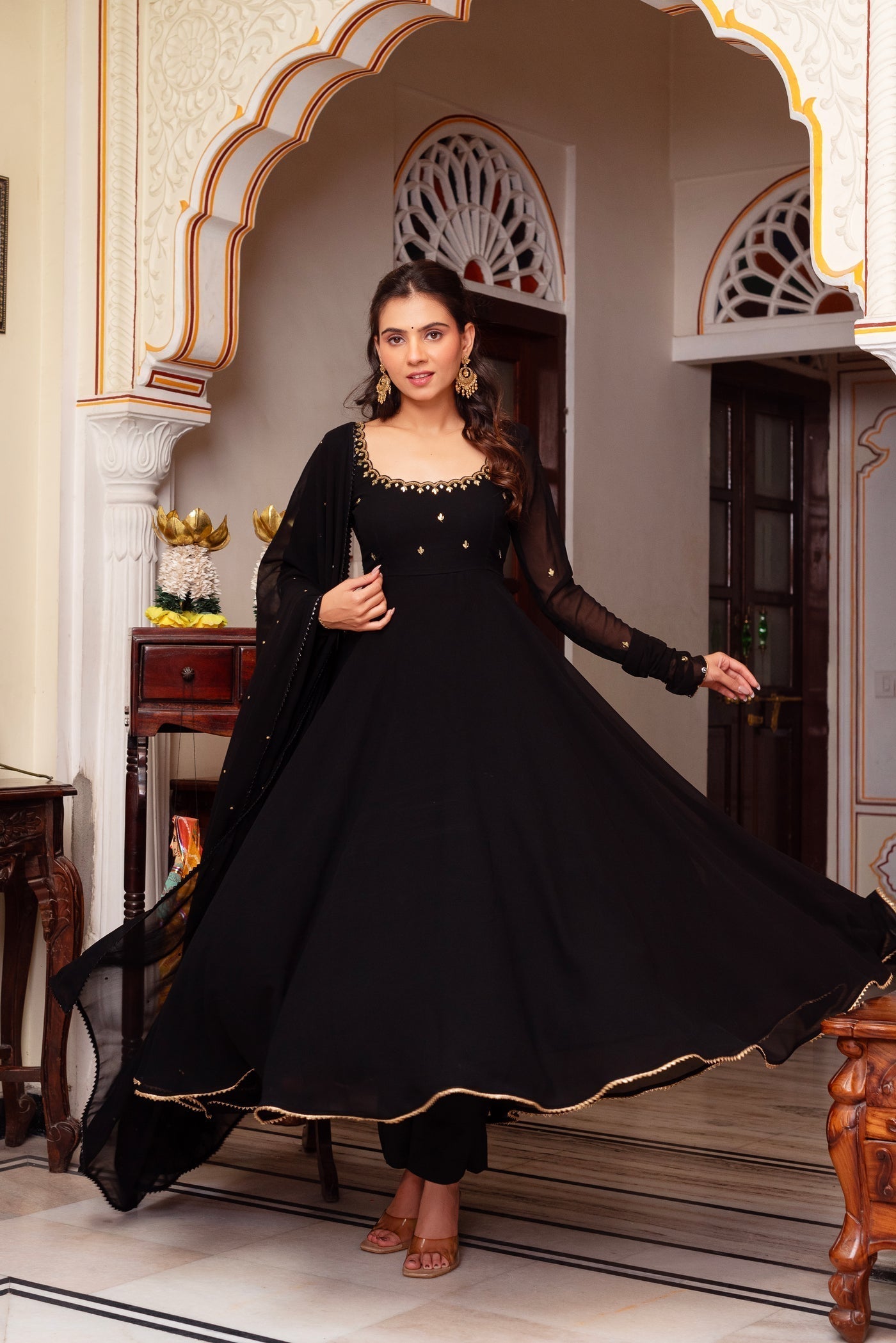Elegant Heavy Faux Georgette Three-Piece Anarkali Suit with Embroidery & Lace Dupatta