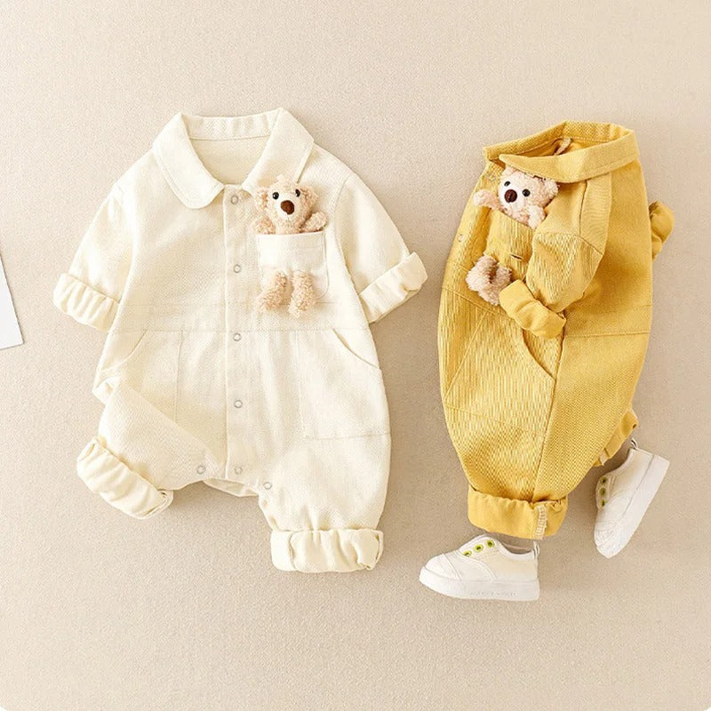 Denim Jumpsuit with 3D Teddy Bear for Baby Boys and Girls – Cute Casual Outfit
