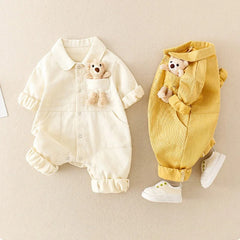 Denim Jumpsuit with 3D Teddy Bear for Baby Boys and Girls – Cute Casual Outfit