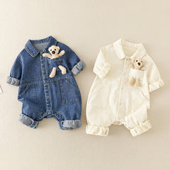 Denim Jumpsuit with 3D Teddy Bear for Baby Boys and Girls – Cute Casual Outfit