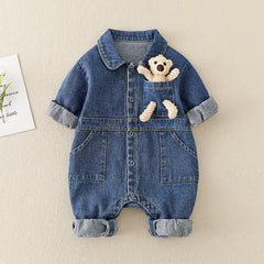 Denim Jumpsuit with 3D Teddy Bear for Baby Boys and Girls – Cute Casual Outfit