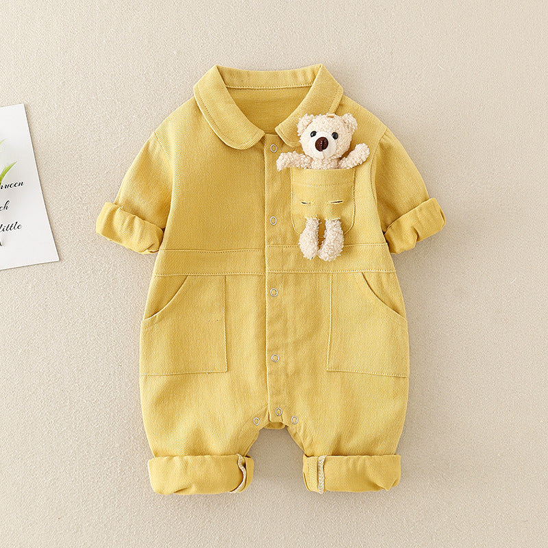 Denim Jumpsuit with 3D Teddy Bear for Baby Boys and Girls – Cute Casual Outfit