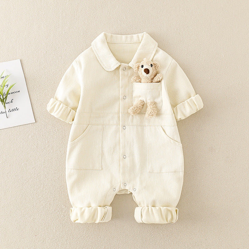 Denim Jumpsuit with 3D Teddy Bear for Baby Boys and Girls – Cute Casual Outfit
