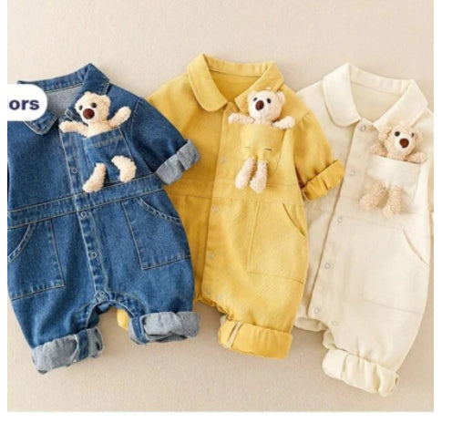 Denim Jumpsuit with 3D Teddy Bear for Baby Boys and Girls – Cute Casual Outfit