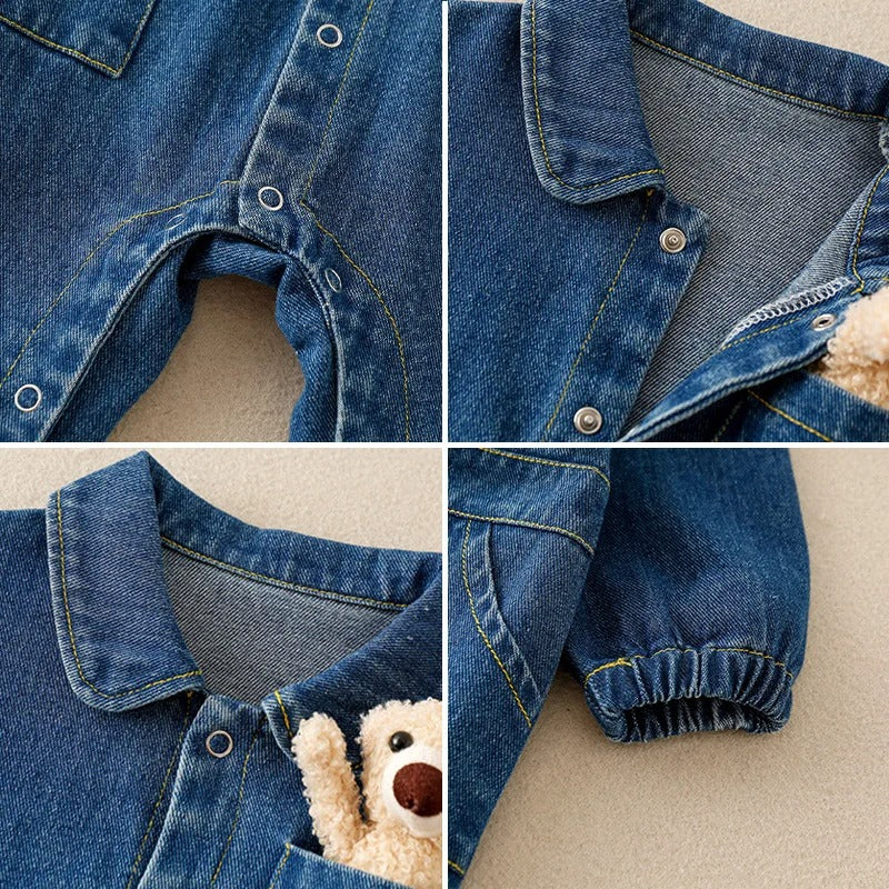 Denim Jumpsuit with 3D Teddy Bear for Baby Boys and Girls – Cute Casual Outfit