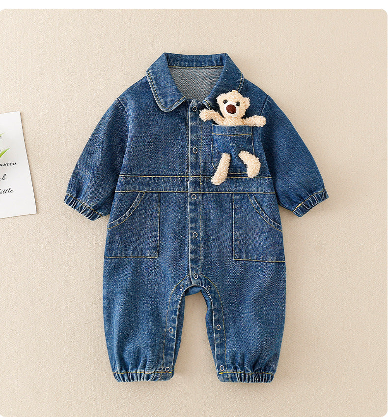 Denim Jumpsuit with 3D Teddy Bear for Baby Boys and Girls – Cute Casual Outfit