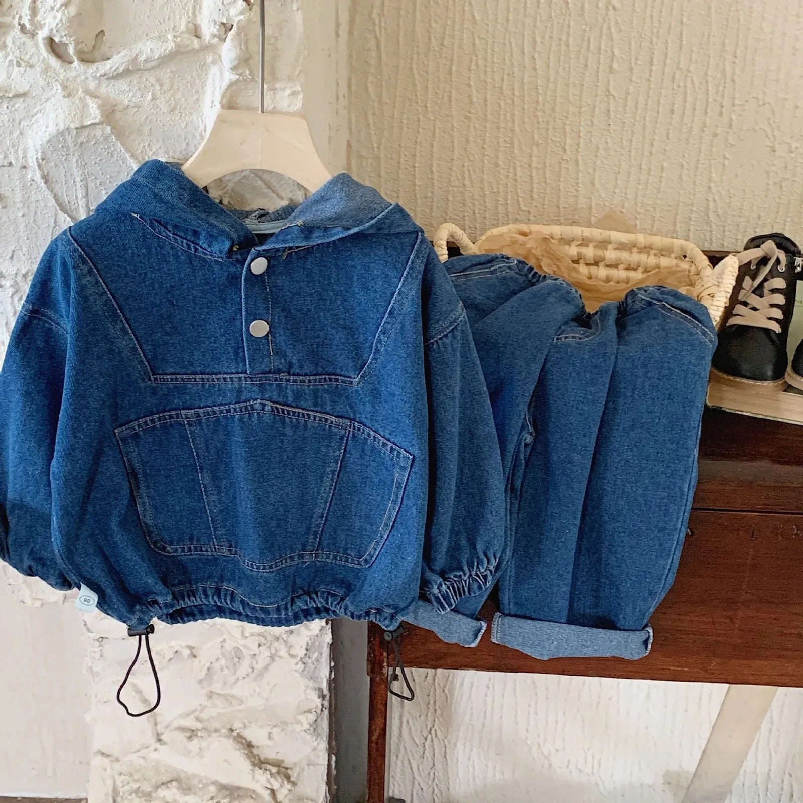 Denim Hoodie and Pants Set for Baby Boys and Girls – Casual Sweatshirt Outfit