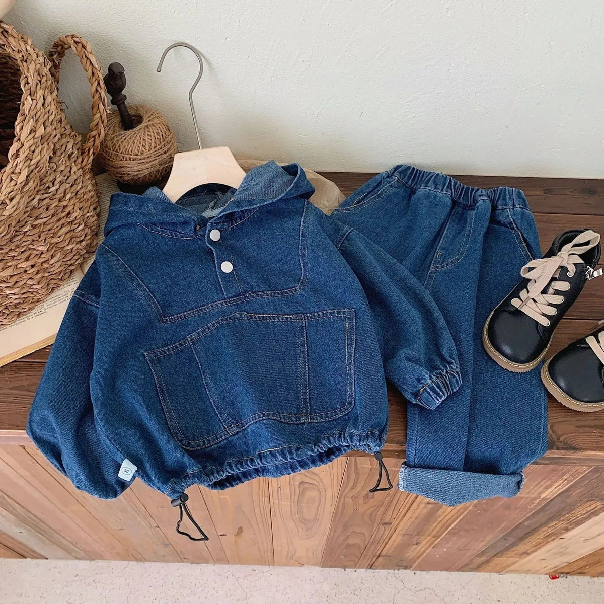 Denim Hoodie and Pants Set for Baby Boys and Girls – Casual Sweatshirt Outfit