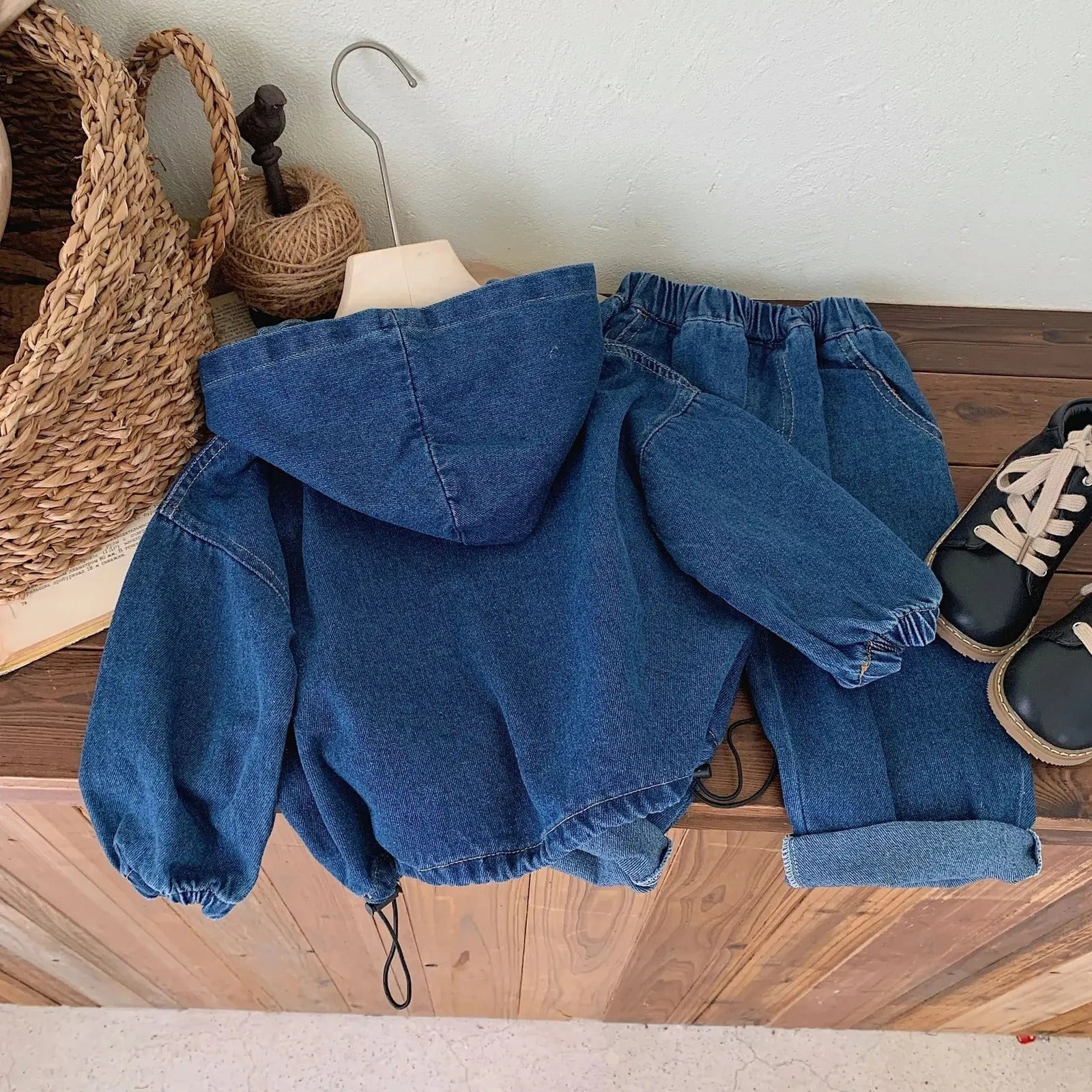 Denim Hoodie and Pants Set for Baby Boys and Girls – Casual Sweatshirt Outfit