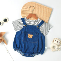 Denim Teddy Two-Piece Baby Boys and Girls Romper – Cute Infant Outfit