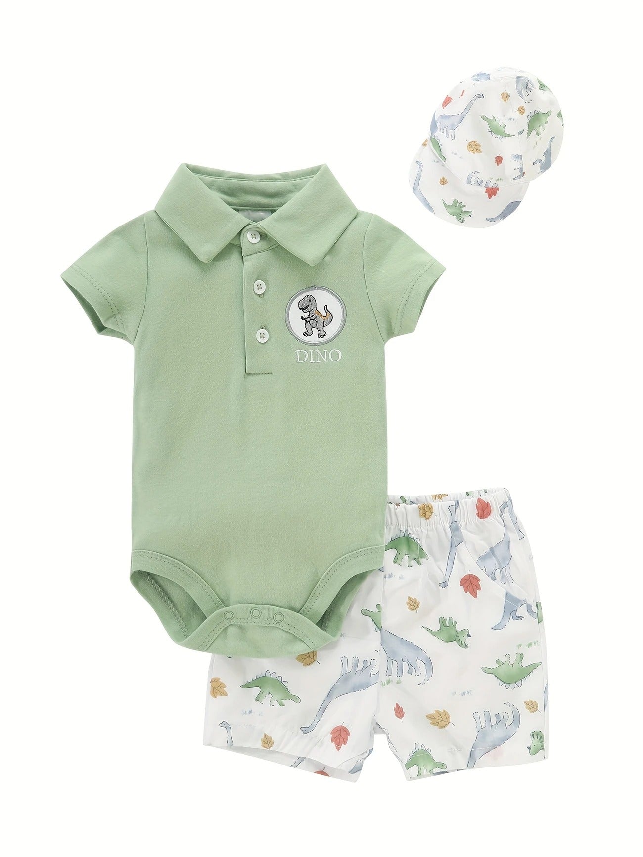Dino Fun Baby Boy Cotton Romper Shorts and Hat Set – Cute Dinosaur Outfit for Infants