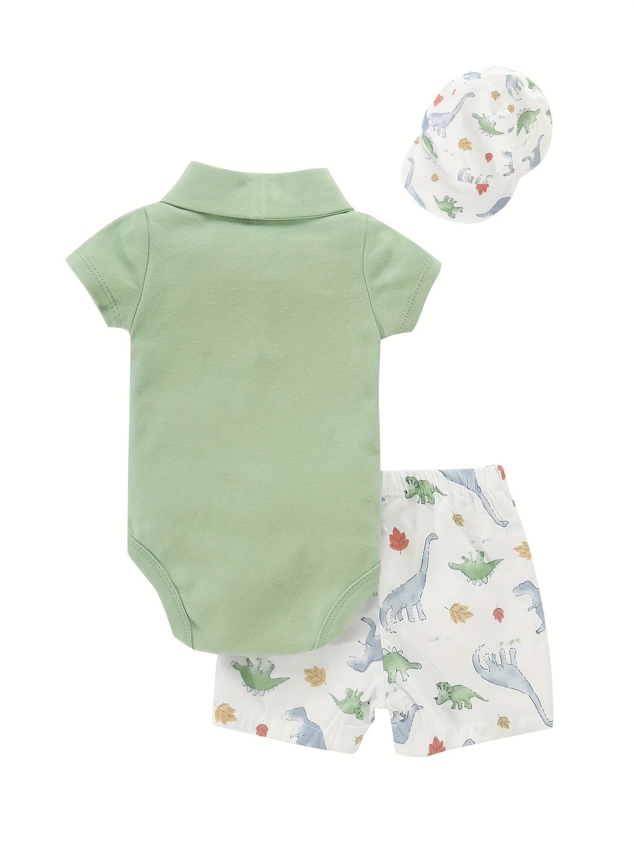 Dino Fun Baby Boy Cotton Romper Shorts and Hat Set – Cute Dinosaur Outfit for Infants