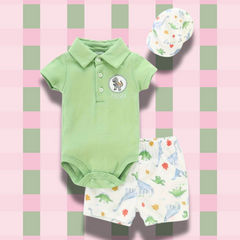 Dino Fun Baby Boy Cotton Romper Shorts and Hat Set – Cute Dinosaur Outfit for Infants