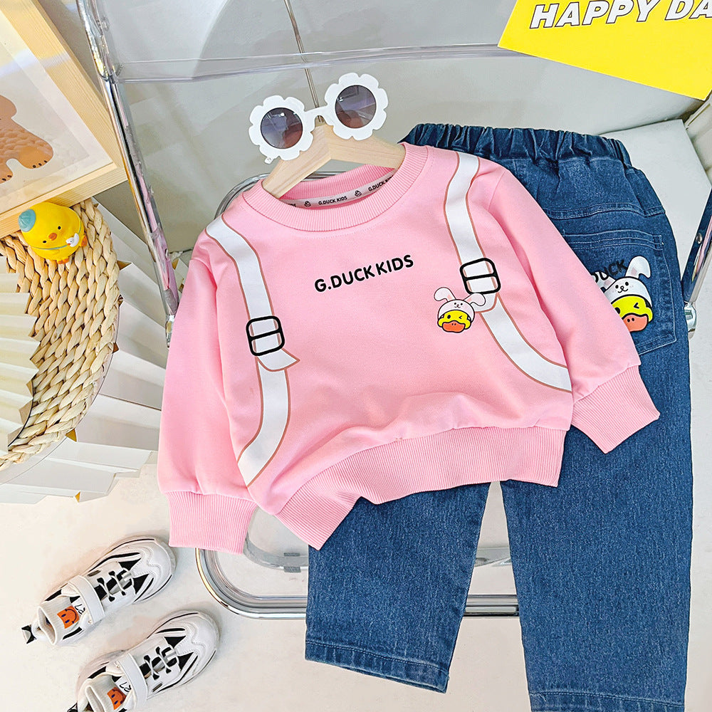 Duck Backpack Sweatshirt and Denim Girls Outfit Set – Casual Cotton Top and Jeans